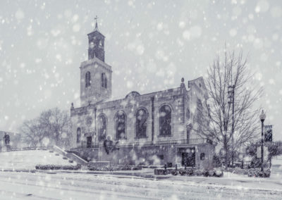 A photo of the church during a snowstorm.