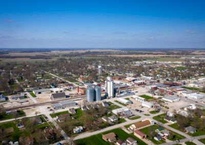 A drone photo of a midwestern town.