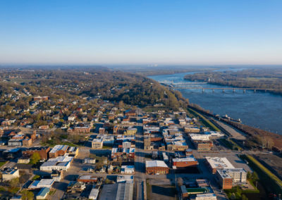 A view from above of a town along the Mississippi River.