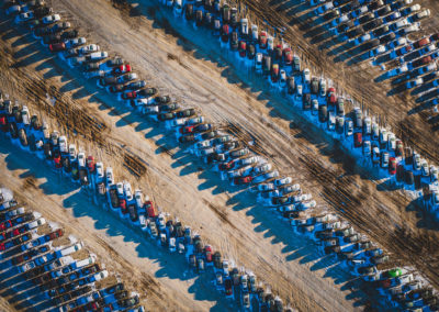 A drone photo of parked autos.