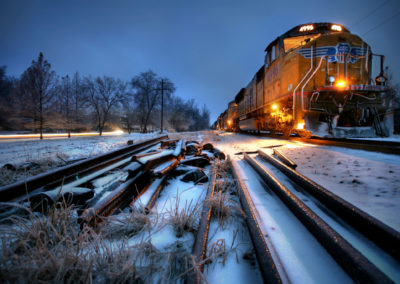 A Union Pacific train during a winter storm.
