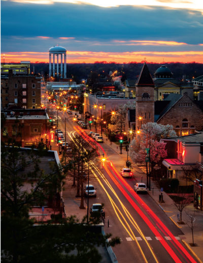 A photo of Walnut Street during sunset in Columbia, Missouri.