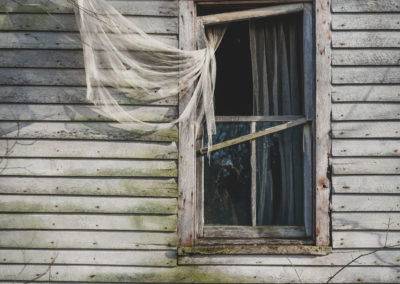 A photo of a window with a torn curtain.