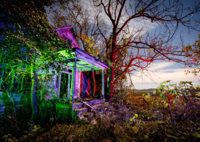A nocturnal photograph of an deserted home overgrown with weeds, illuminated with red, green, and blue lights.