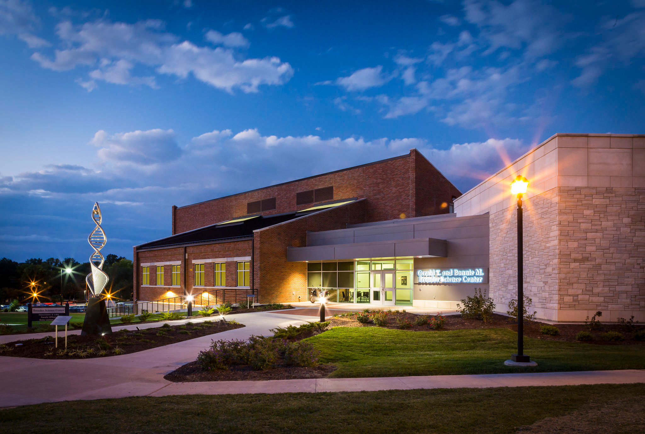A photograph of the science building at twilight.